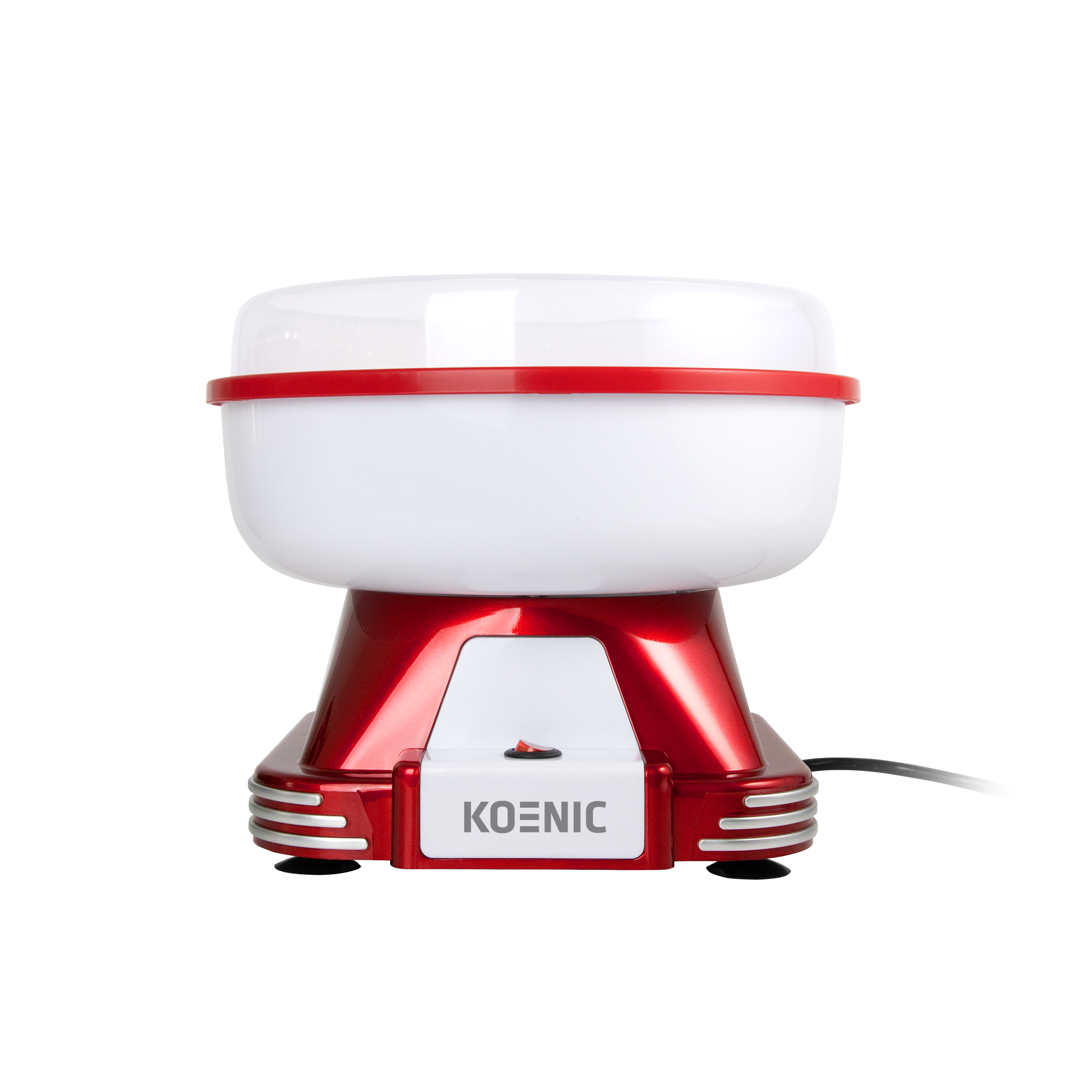Eine rot-weiße Zuckerwattemaschine vor schwarzem Hintergrund. Die Marke ist Koenic.