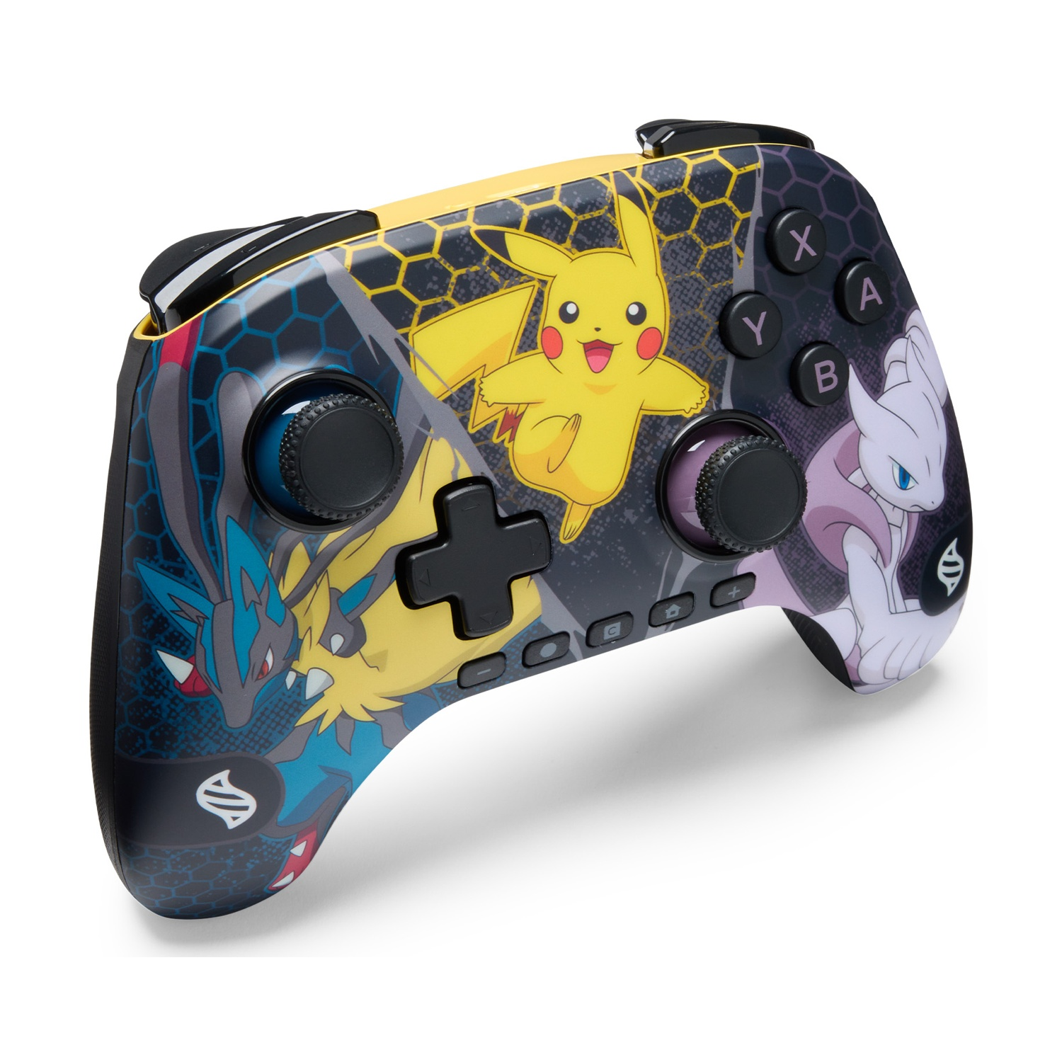 Un controller Nintendo Switch con disegni di Pikachu, Lucario e Mewtwo. Ha pulsanti e joystick.