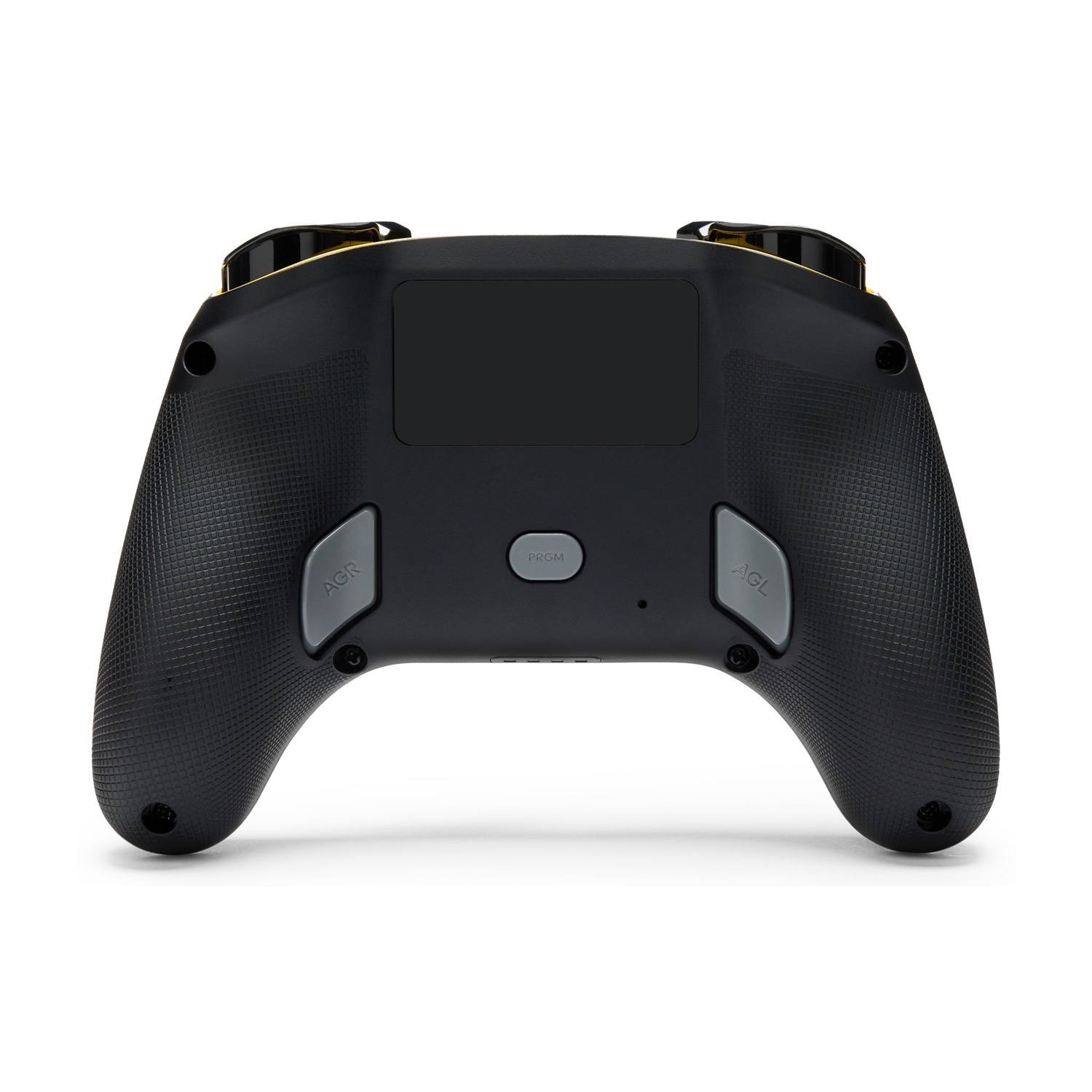 Retro di un controller nero. Pulsanti grigi con etichette: AGR, PRGM, AGL. Impugnatura strutturata, dettagli dorati in alto.