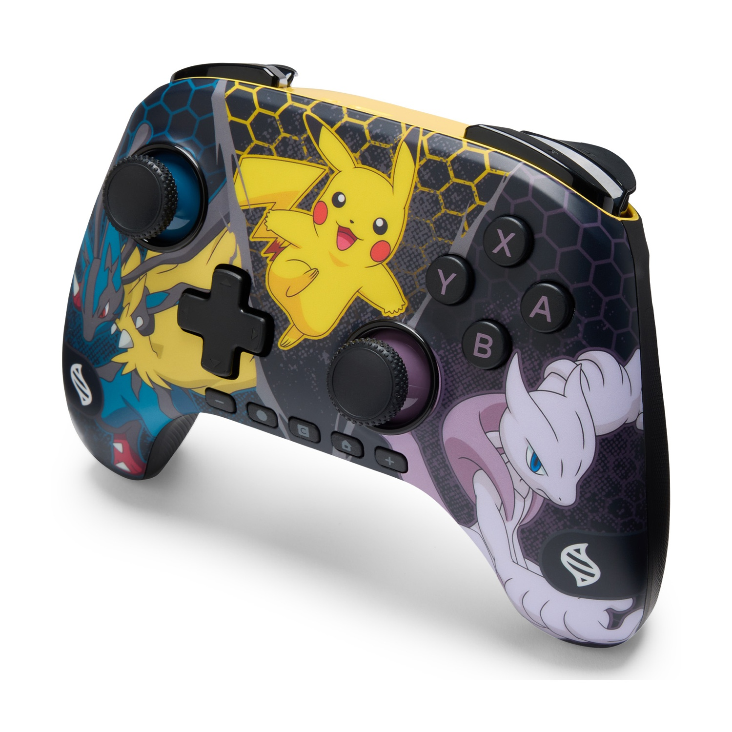 Un controller di gioco a tema Pokémon. Presenta Pikachu, Mewtwo e altri personaggi Pokémon. Il controller ha pulsanti e joystick.