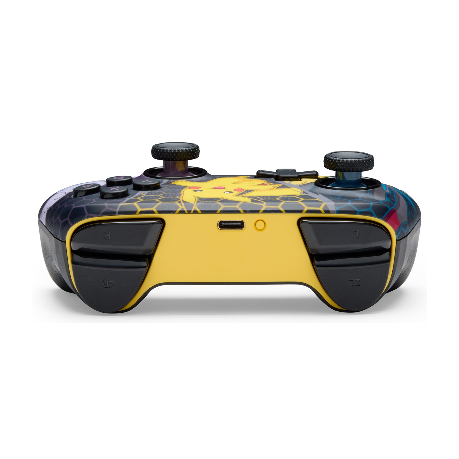 Un controller Nintendo Switch giallo e nero con un design Pikachu, pulsanti e joystick, isolato su sfondo bianco.