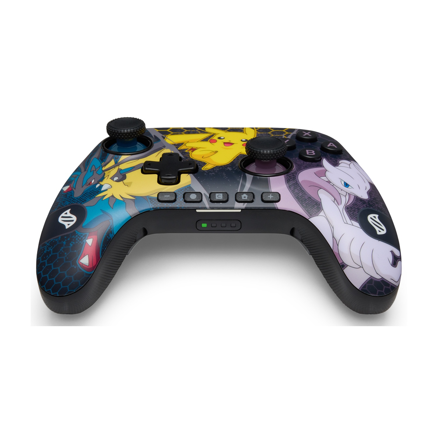 Un controller Nintendo Switch nero con personaggi dei Pokémon. Pikachu, Lucario e Mewtwo sono presenti sul design del controller.