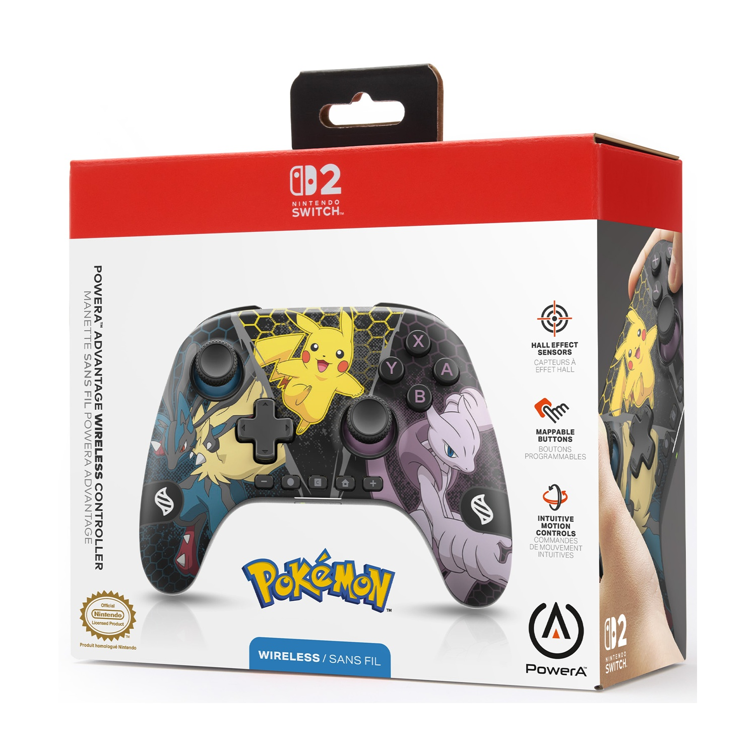 Scatola per un controller Nintendo Switch. Presenta Pikachu, Mewtwo e Lucario. Controller wireless con logo PowerA e logo Nintendo Switch.