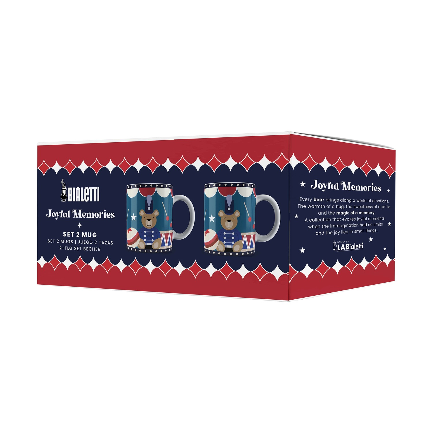 Scatola di tazze. Ogni tazza ha un design con orsetto. La scatola è rossa e bianca con il marchio 'Bialetti' e 'Joyful Memories'.