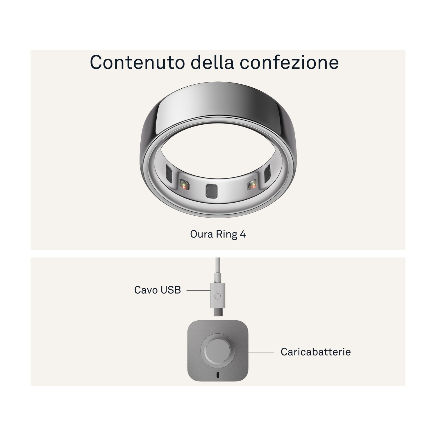 L'immagine mostra Oura Ring 4, un cavo USB e un caricabatterie. L'anello è argento. Il caricabatterie è grigio e il cavo è bianco.
