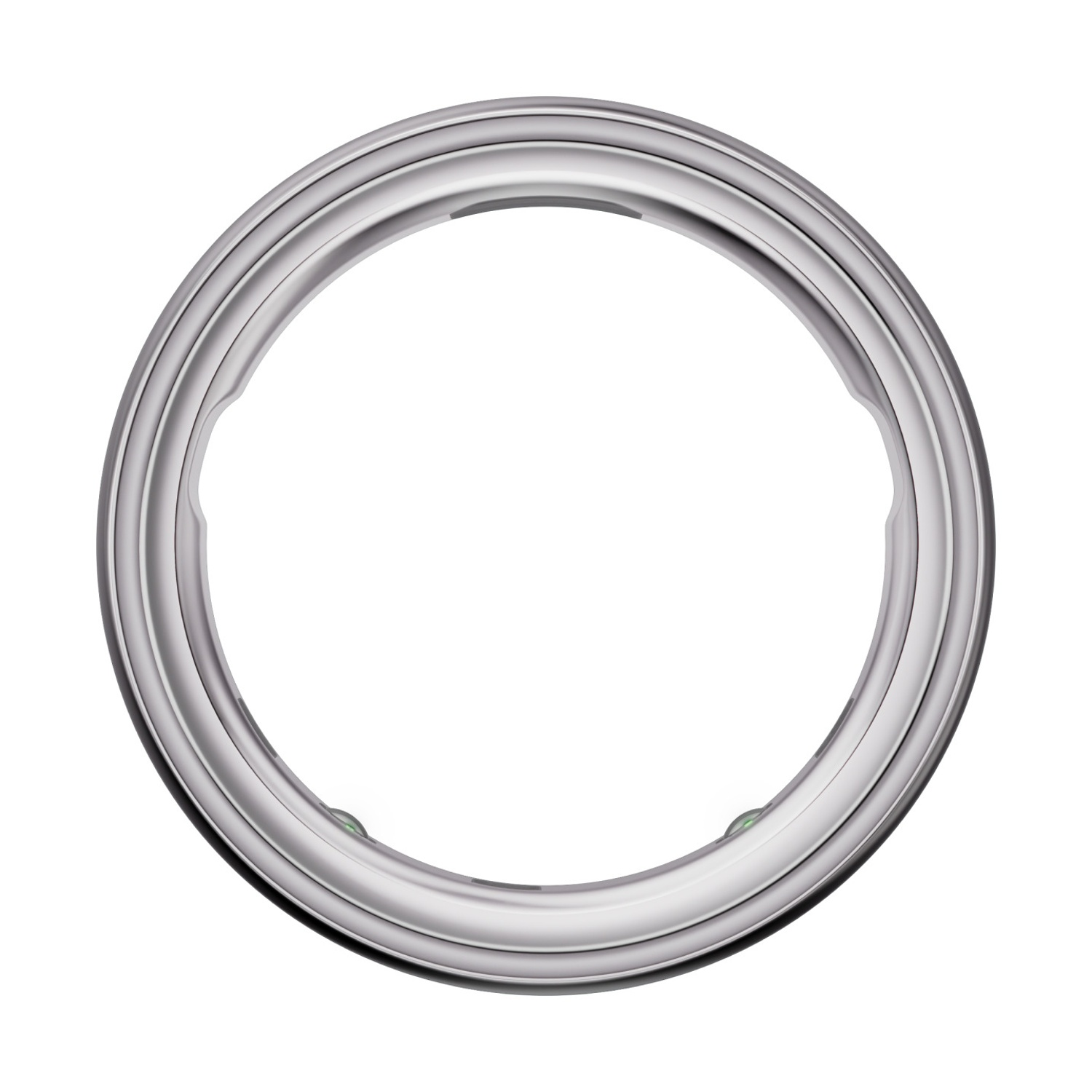 Un oggetto argentato a forma di anello con interno bianco. L'anello ha una finitura lucida. Lo sfondo è bianco.