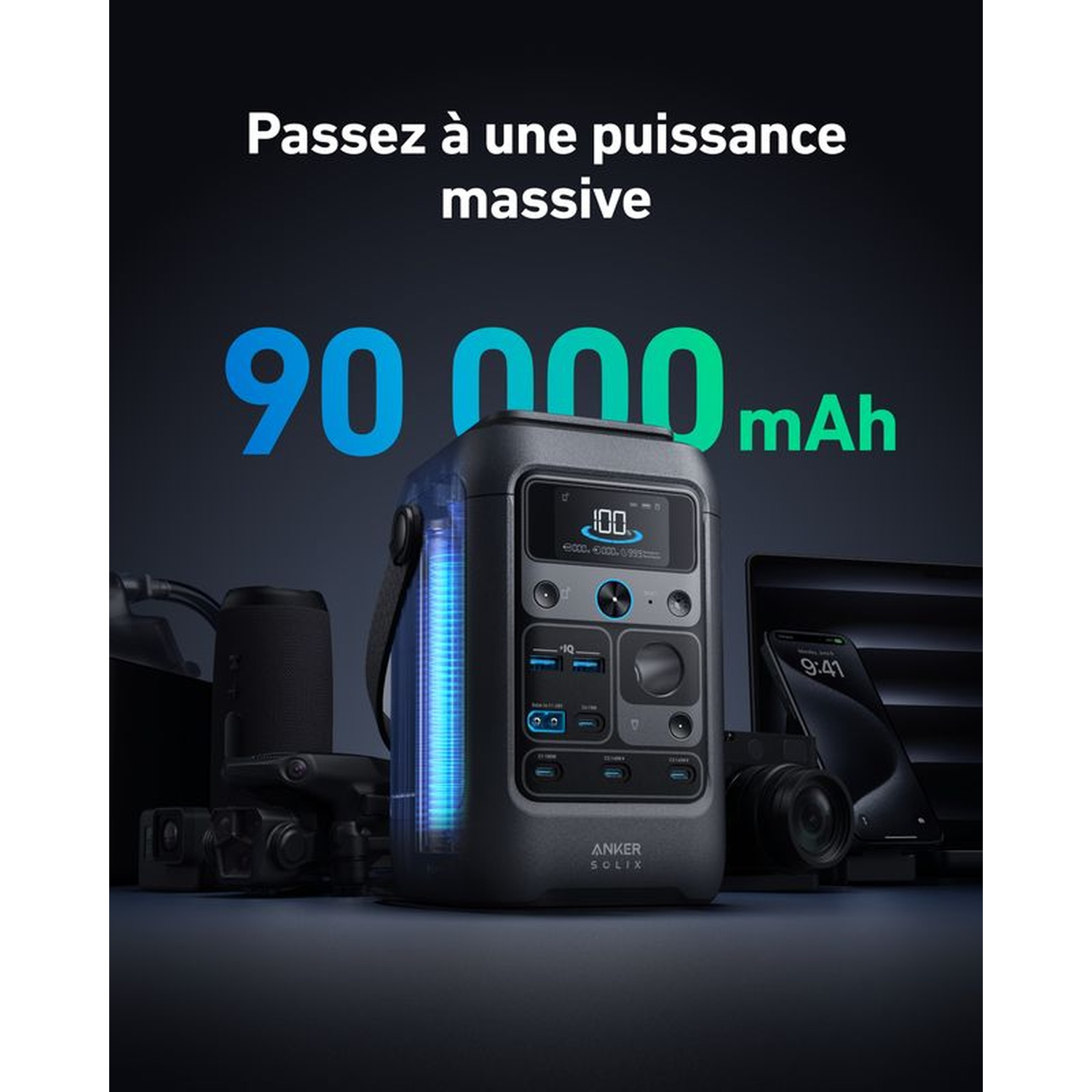 Station d'alimentation Anker Solix avec 90 000 mAh, entourée d'un appareil photo, d'un téléphone, d'un haut-parleur et d'un ordinateur portable.