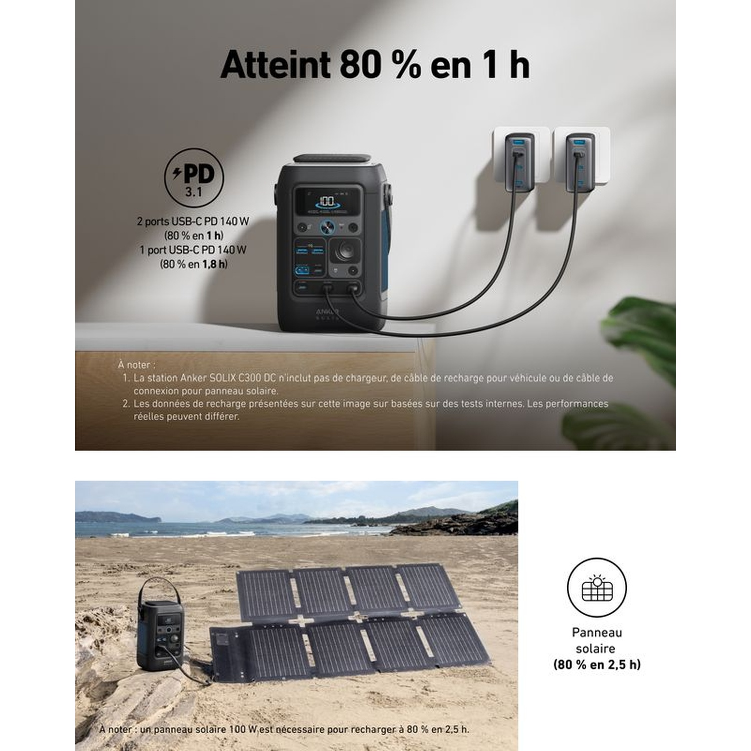 L'image montre une station d'alimentation noire se chargeant à partir de deux prises murales et d'un panneau solaire. Le texte indique 80 % de charge en 1 heure.