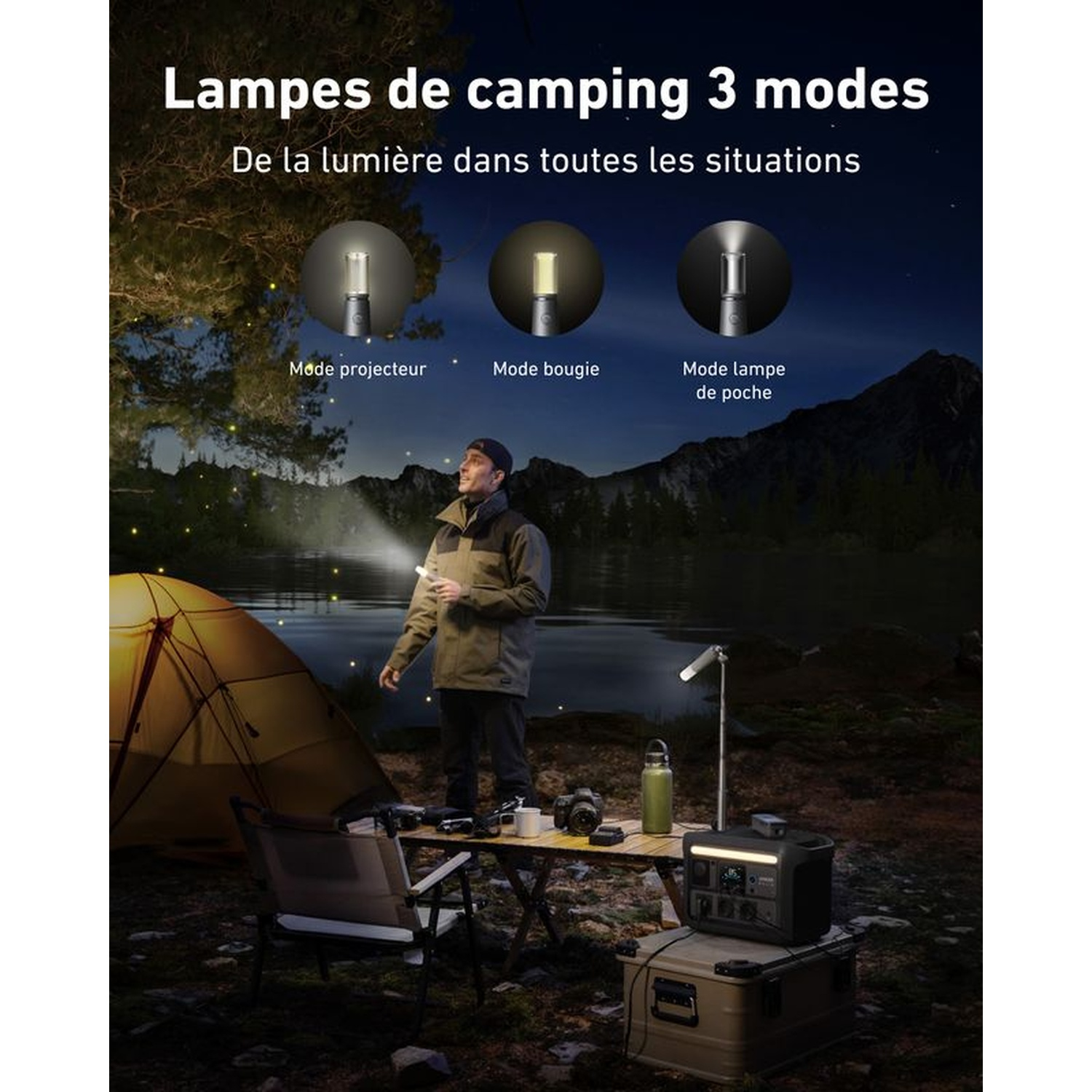 Un homme utilise une lampe de camping la nuit. L'image montre les trois modes de la lampe, une tente, un lac et du matériel de camping.