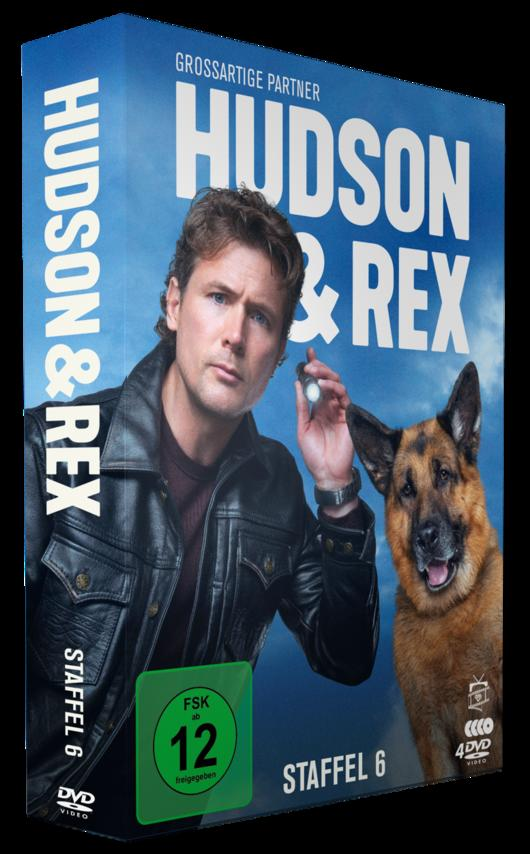 DVD-Cover für Hudson & Rex. Ein Mann hält eine Taschenlampe neben einem Schäferhund. Titel und Staffelnummer sind sichtbar.