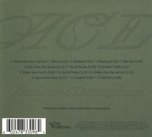 Albumcover: Text mit Songtiteln und Credits, mit dem Namen des Künstlers und dem Logo. Der Hintergrund ist ein verblasstes Grün.