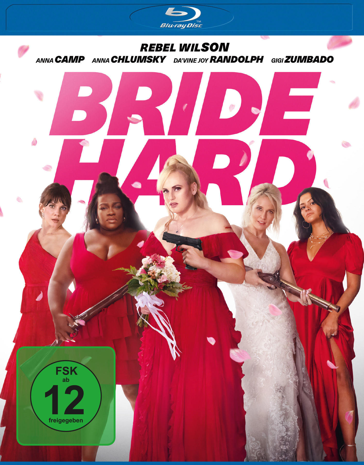 Filmposter für Bride Hard. Sechs Frauen in roten Kleidern und eine Braut in Weiß halten Waffen. Der Titel steht in großen rosa Buchstaben.