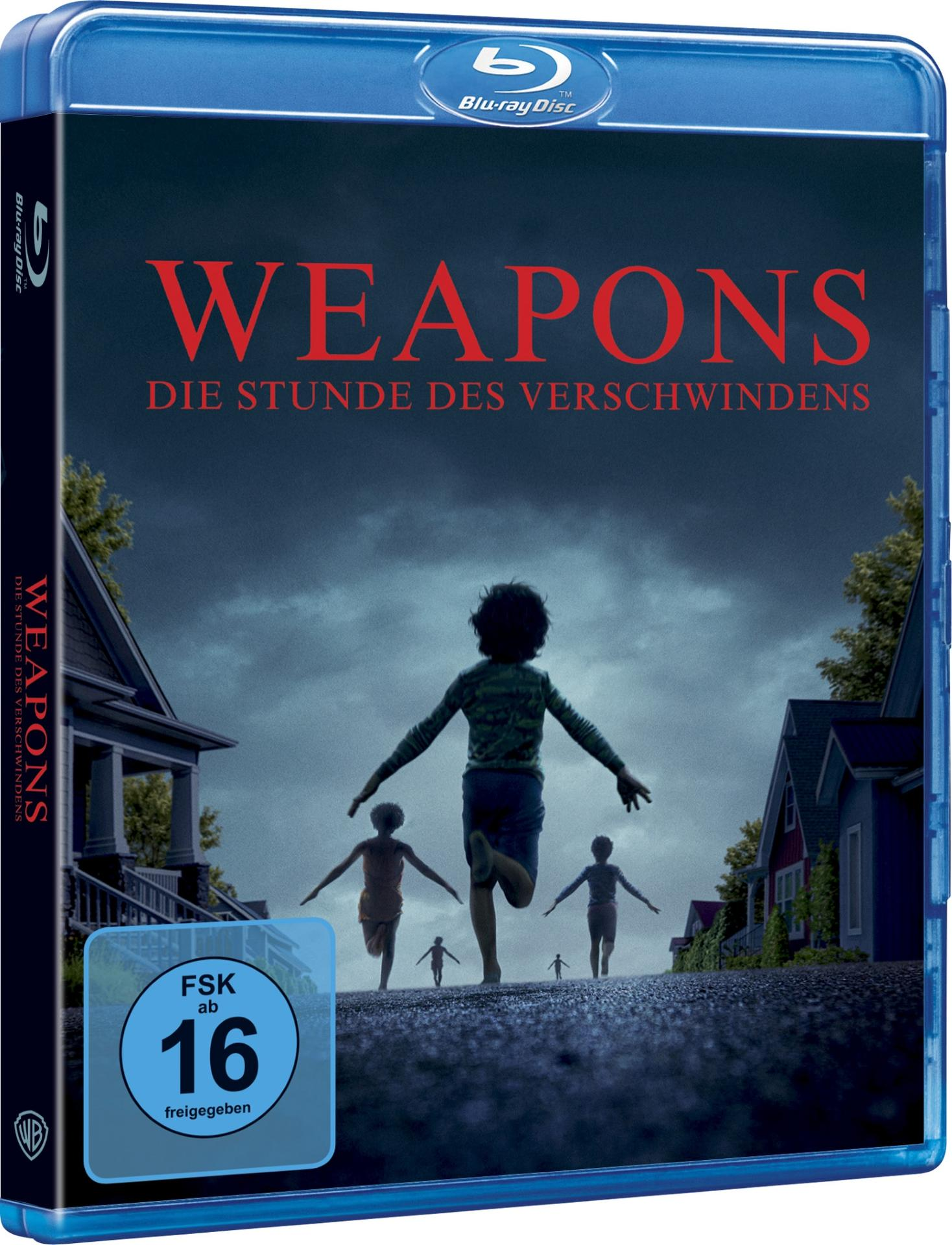 Blu-ray-Cover für 'Weapons'. Kinder rennen eine Straße entlang auf Häuser zu. Der Titel ist rot. Bewertung: FSK 16.