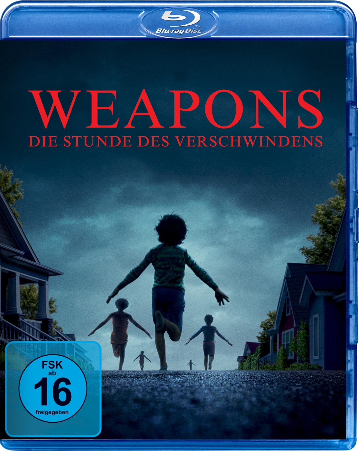 Blu-ray-Cover mit dem Wort WEAPONS in Rot. Kinder rennen auf Häuser zu. Das FSK 16-Logo ist unten links.