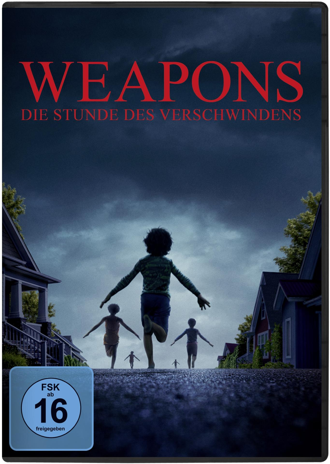 DVD-Cover. Roter Titel 'WEAPONS', deutscher Text darunter. Silhouetten rennender Kinder. Häuser im Hintergrund, ein Sturm zieht auf.
