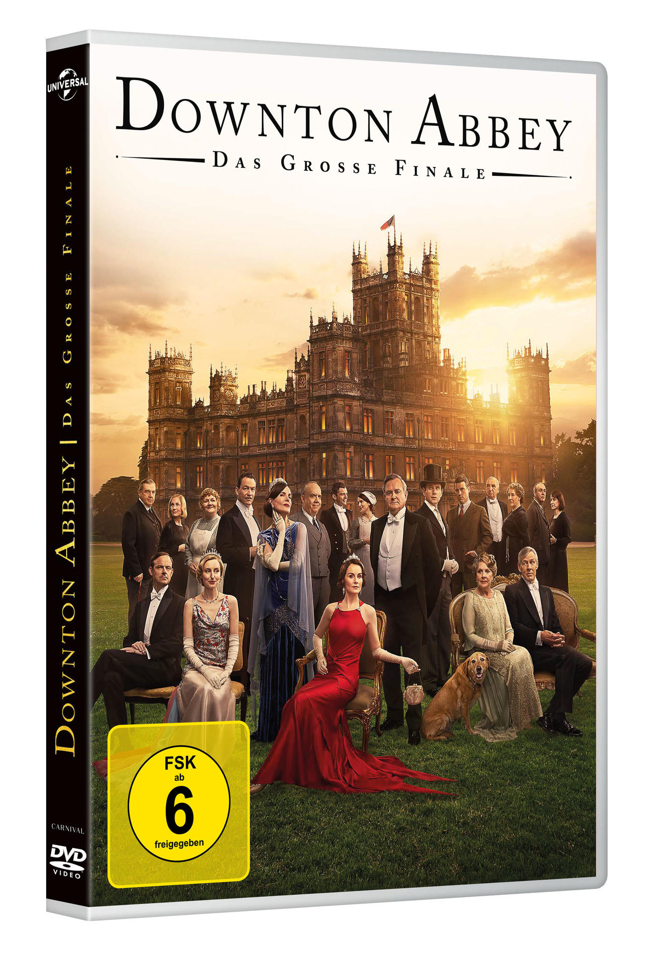 DVD-Cover für Downton Abbey: Das Grosse Finale. Zeigt die Besetzung vor einem Schloss. Enthält einen Hund und eine FSK-Einstufung ab 6.