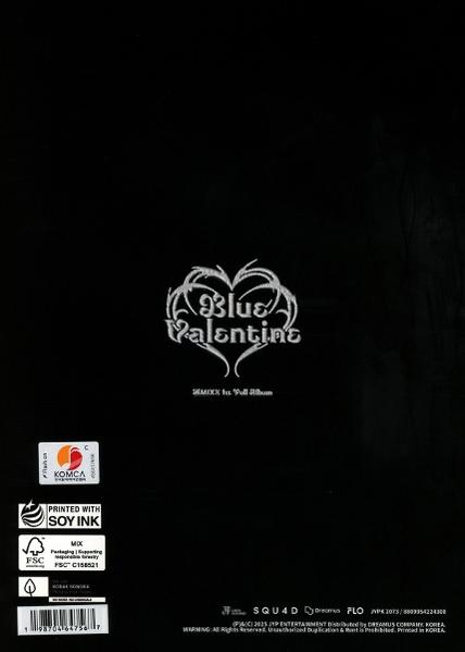 Schwarzes Albumcover mit herzförmigem Design. Der Text 'Blue Valentine' befindet sich in der Mitte. Enthält Logos und Text unten.