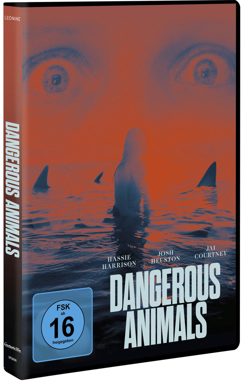 DVD-Cover. Person im Wasser mit Haifischflossen unter rotem Himmel. Filmtitel: Dangerous Animals. Namen der Schauspieler sind aufgelistet.