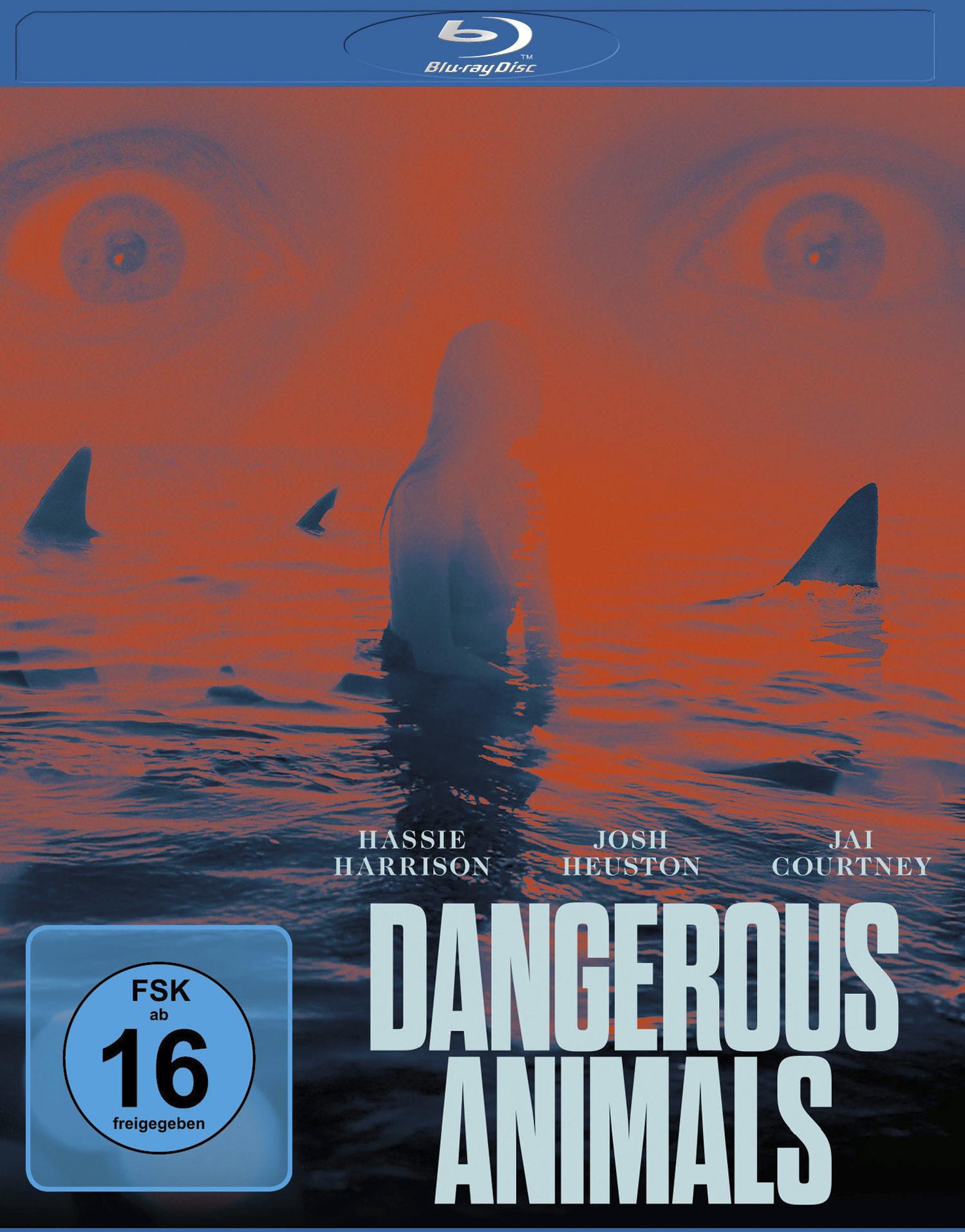 Filmposter: Haie schwimmen im Wasser. Eine Figur steht im Wasser. Der Titel lautet 'Dangerous Animals'.