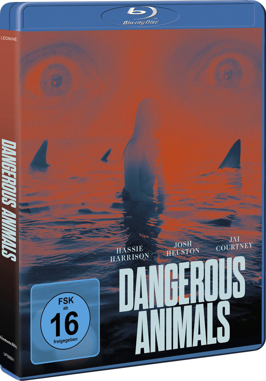 Blu-ray-Boxcover. Haie im Wasser, eine Person und der Text 'Dangerous Animals'. Orange und Blau dominieren die Szene.