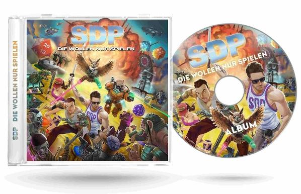 CD-Cover und -Disc mit einer farbenfrohen Fantasy-Szene mit Charakteren, Würfeln und der Band SDP. Der Titel lautet 'Die wollen nur spielen'.