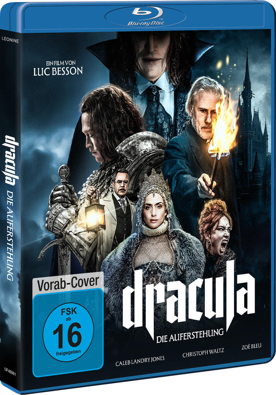 Blu-ray-Cover für Dracula. Enthält mehrere Schauspieler, ein Schloss im Hintergrund und Text auf Deutsch.