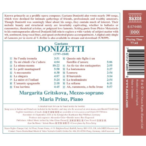 CD-Cover. Titel: Gaetano Donizetti. Künstler: Margarita Gritskova, Maria Prinz. Enthält Titelliste, Naxos-Logo und Text.