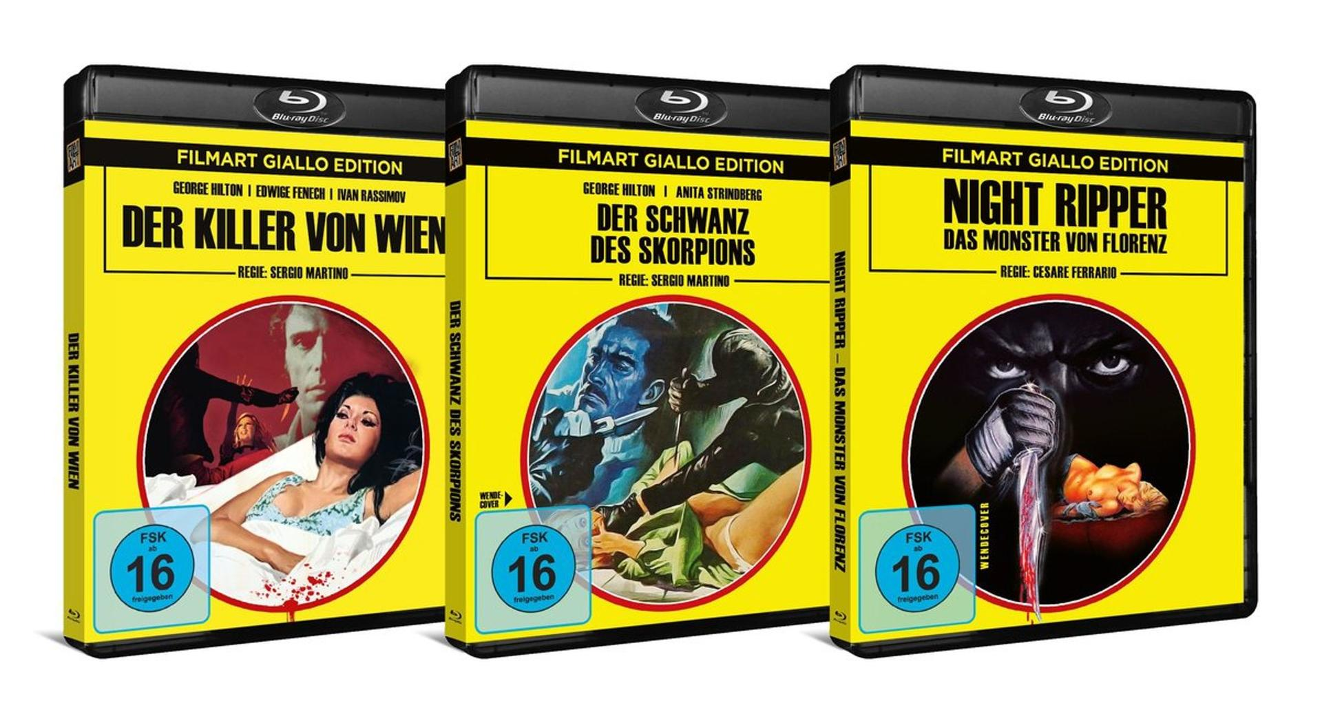 Drei Blu-ray-Filmhüllen mit gelbem Hintergrund. Titel sind 'Der Killer von Wien', 'Der Schwanz des Skorpions' und 'Night Ripper'.