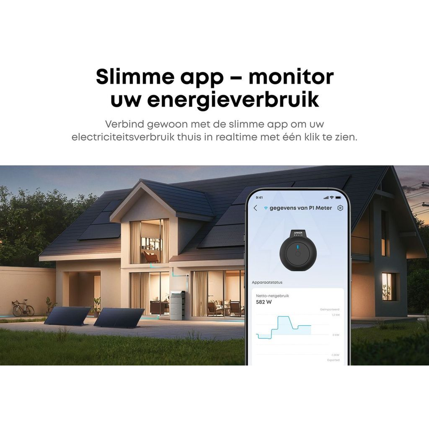 A house with solar panels, a phone showing energy usage, and text in Dutch about monitoring energy consumption with an app.