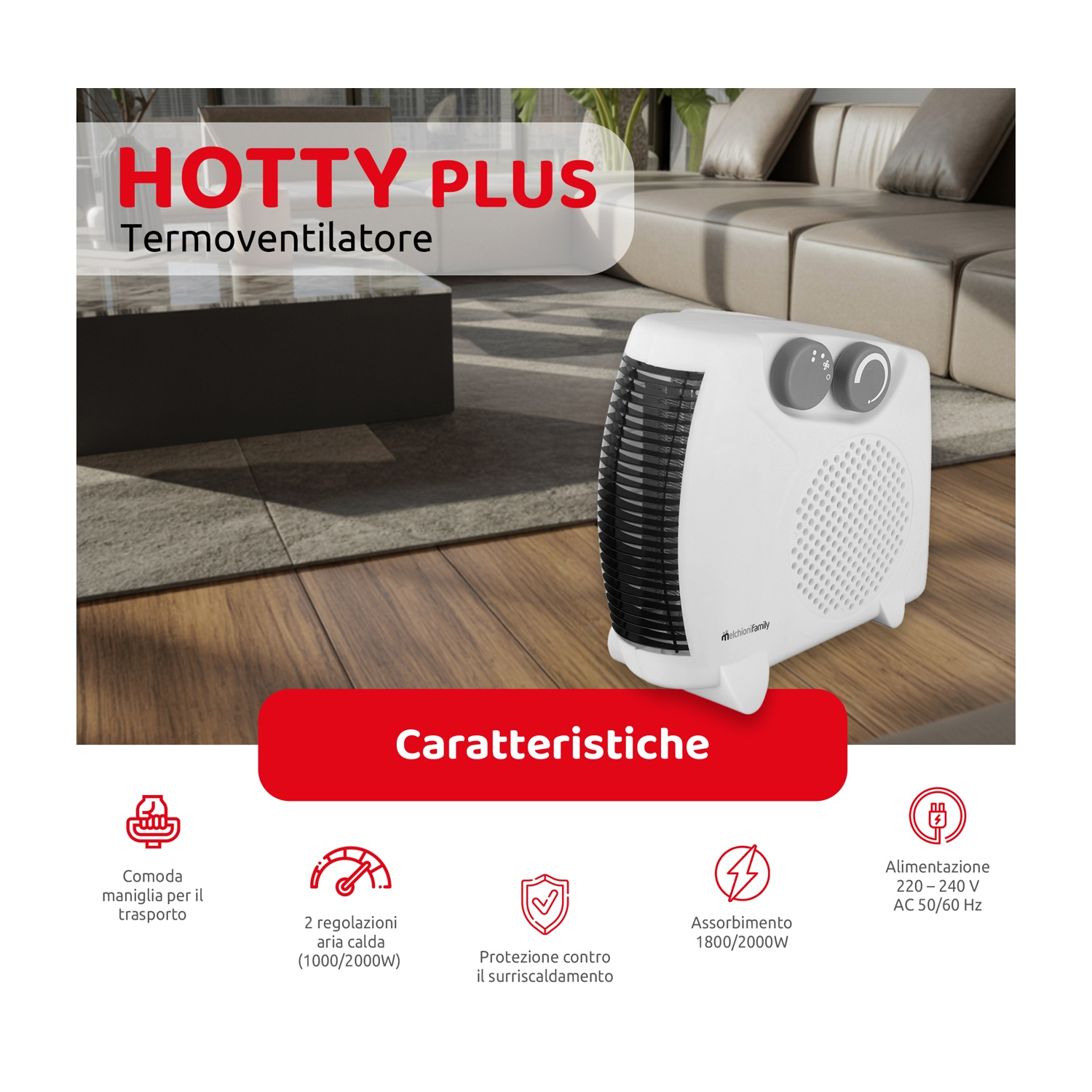 Un termoventilatore elettrico bianco e nero su un pavimento in legno. Il testo dice 'HOTTY PLUS' e 'Caratteristiche'.