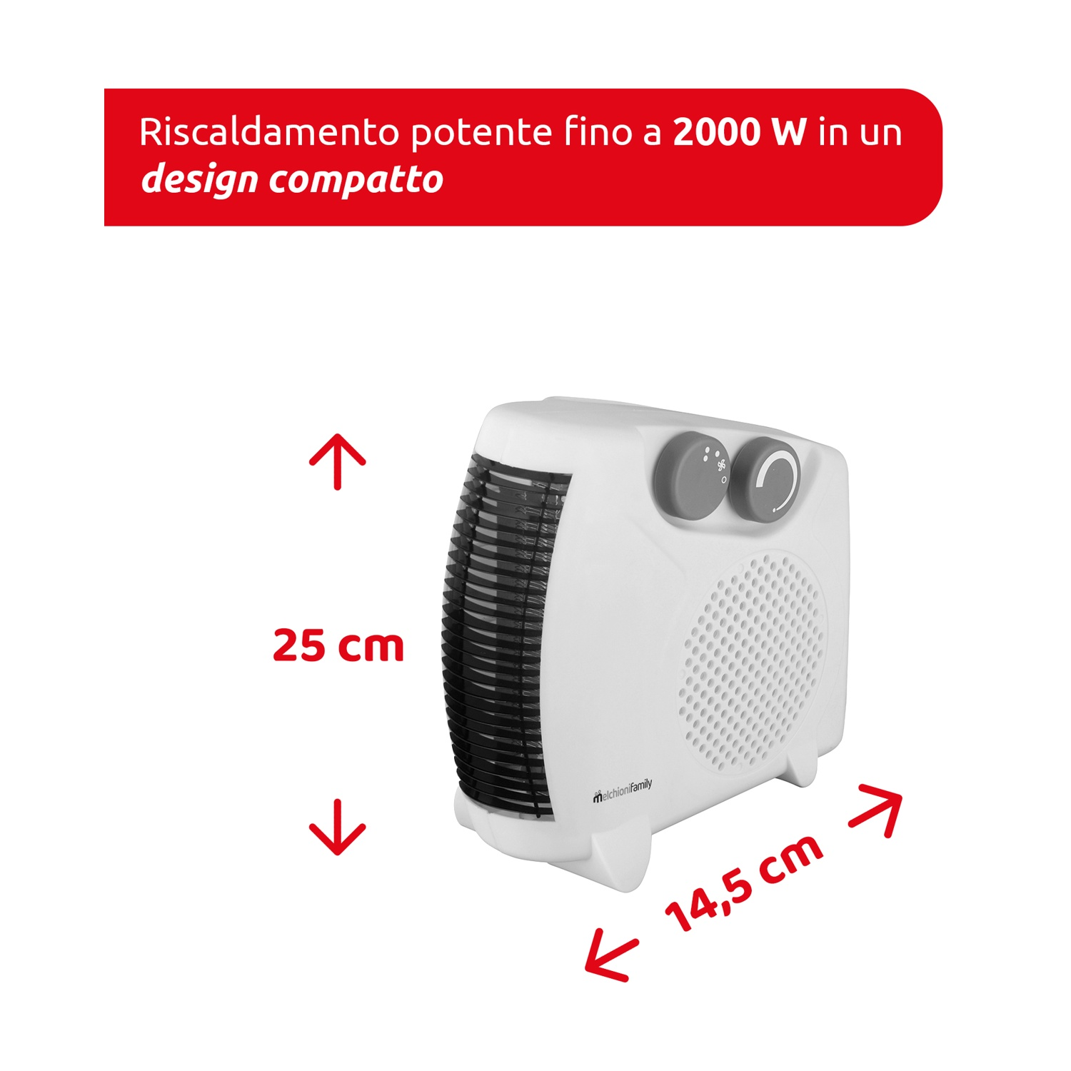 Un termoventilatore elettrico bianco con griglia nera. Ha due manopole e le dimensioni sono indicate: 25 cm di altezza e 14,5 cm di larghezza.