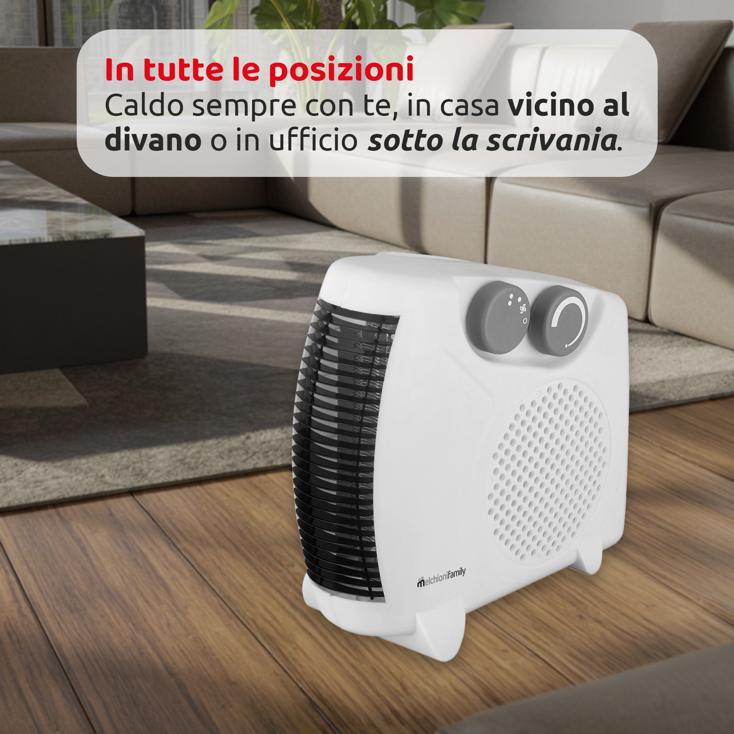 Un riscaldatore bianco Melchioni Family su pavimento in legno. Sfondo con divano e testo sul calore e comfort.