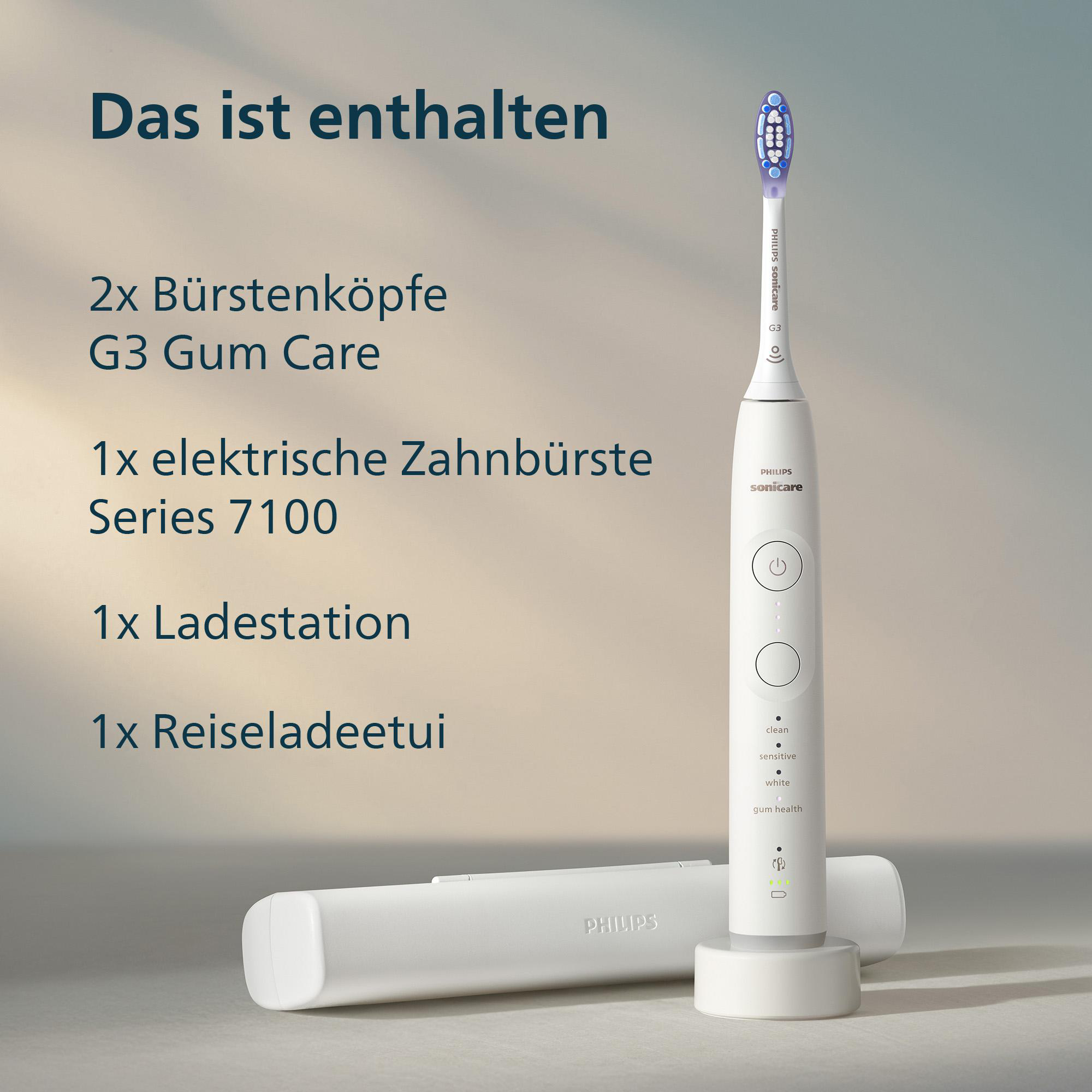 Das Bild zeigt eine elektrische Zahnbürste, zwei Bürstenköpfe, ein Ladegerät und ein Reiseetui. Alles weiß, beschriftet Philips Sonicare.
