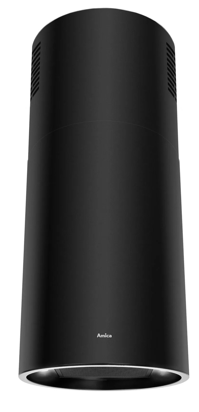 Czarny okap kuchenny z 'Amica'. Cylindryczny, z otworami wentylacyjnymi i światłem.