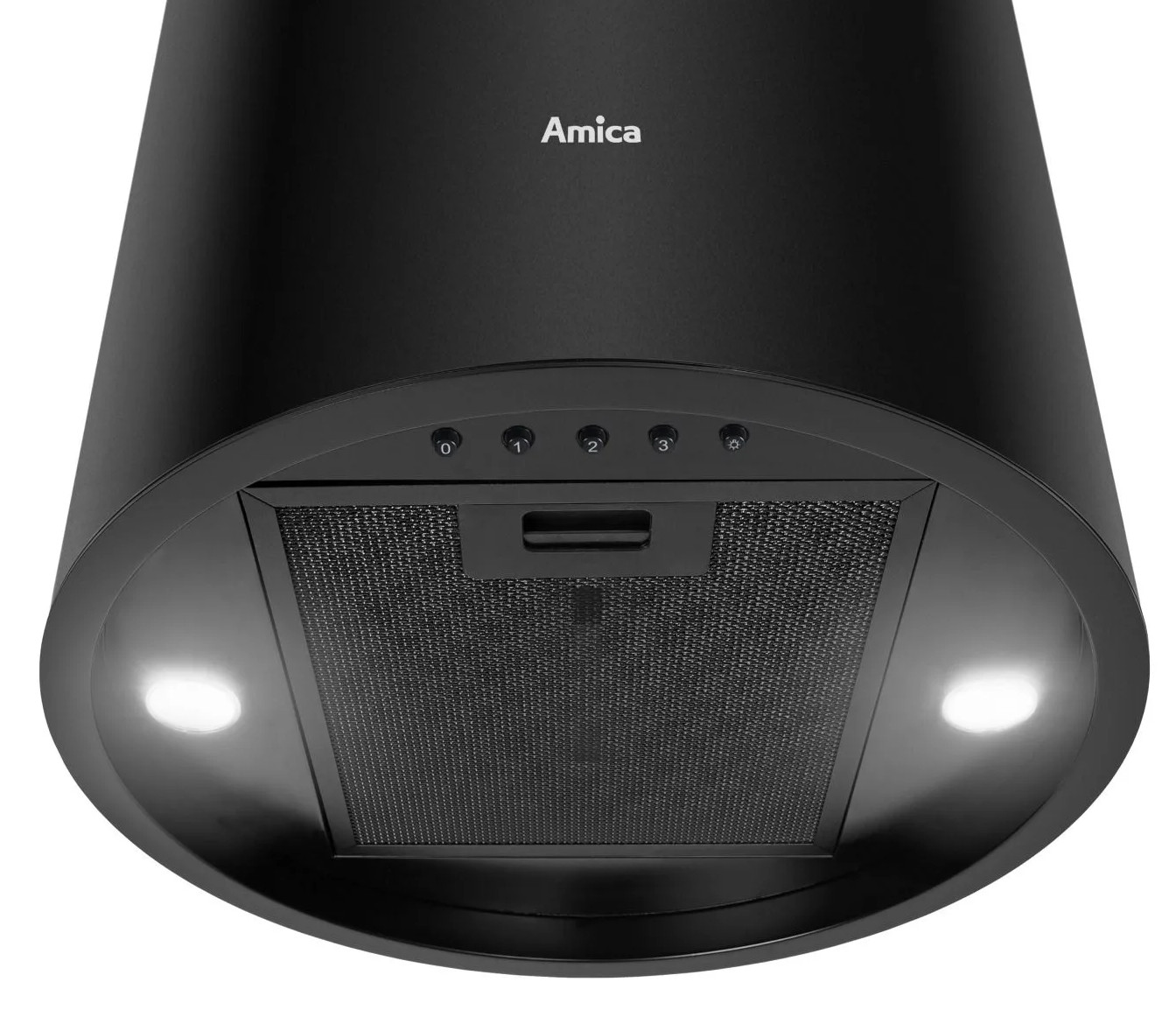 Czarny okap kuchenny z marką 'Amica'. Posiada światła, przyciski sterowania i filtr siatkowy.