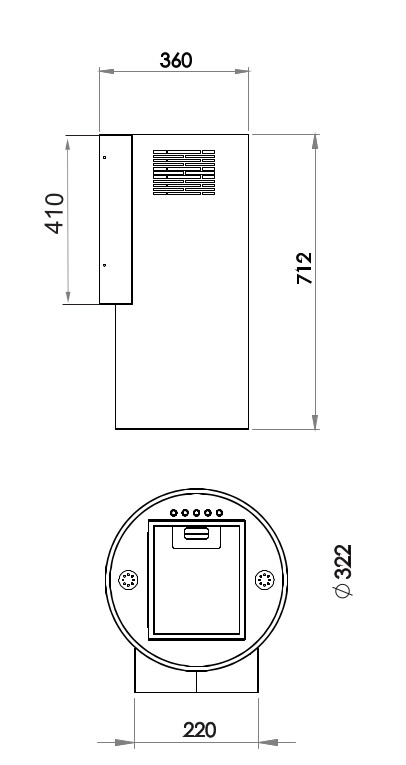 Rysunek techniczny urządzenia. Wymiary w mm. Widok z góry na okrągłą podstawę. Widok z boku na korpus główny.