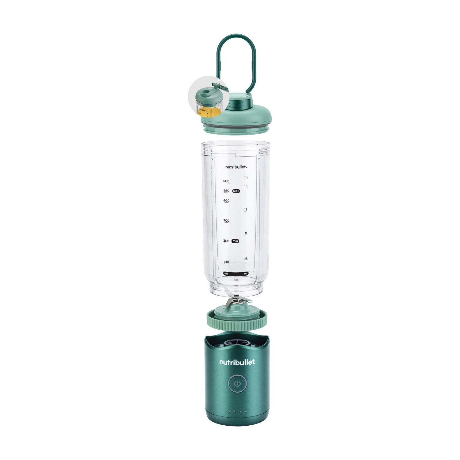 Vista esplosa di un Nutribullet verde. Componenti: base, lama, bicchiere, coperchio e manico, tutto su sfondo bianco.
