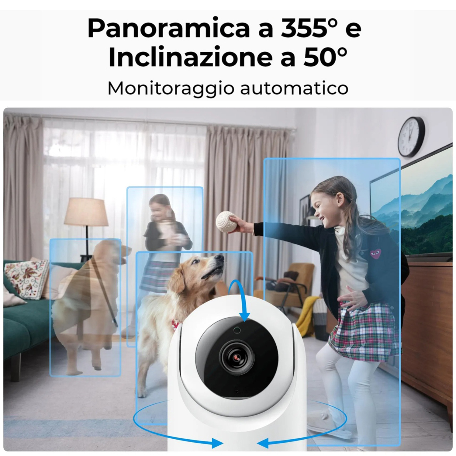Una telecamera di sicurezza bianca si concentra su una ragazza che lancia una palla a un cane. Lo sfondo include un soggiorno con figure sfocate.