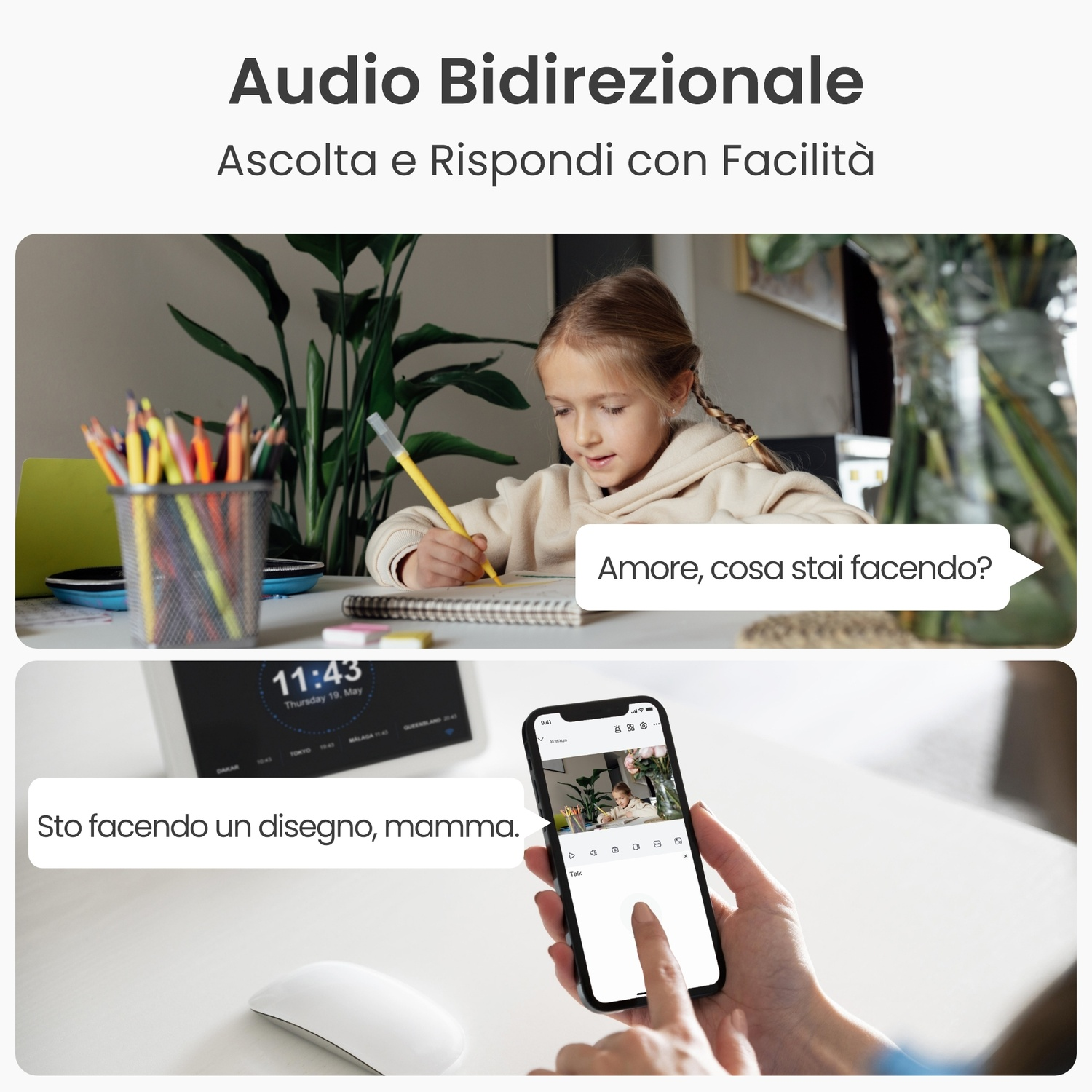 Una ragazza disegna a una scrivania. Un telefono mostra il suo disegno. Un mouse e un orologio sono su un tavolo. Testo: Audio Bidirezionale.