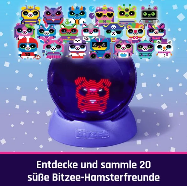 Das Bild zeigt pixelige Tierfiguren über einem lila Gerät. Ein rotes Hamsterbild befindet sich auf dem Gerät. Der Text lautet: 'Entdecke und sammle'.