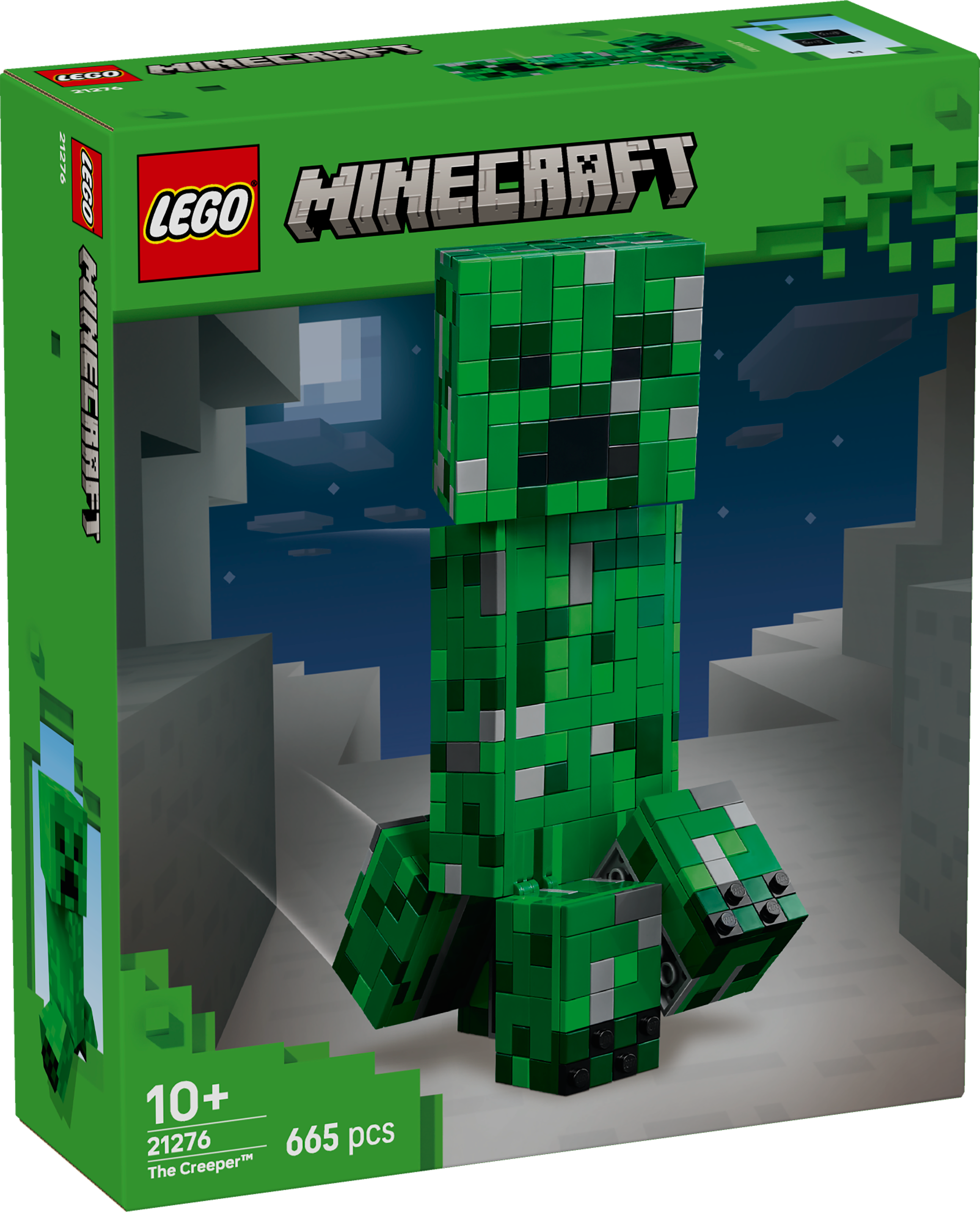 A Lego Minecraft set box. It features a green Creeper figure. The background shows a Minecraft scene.