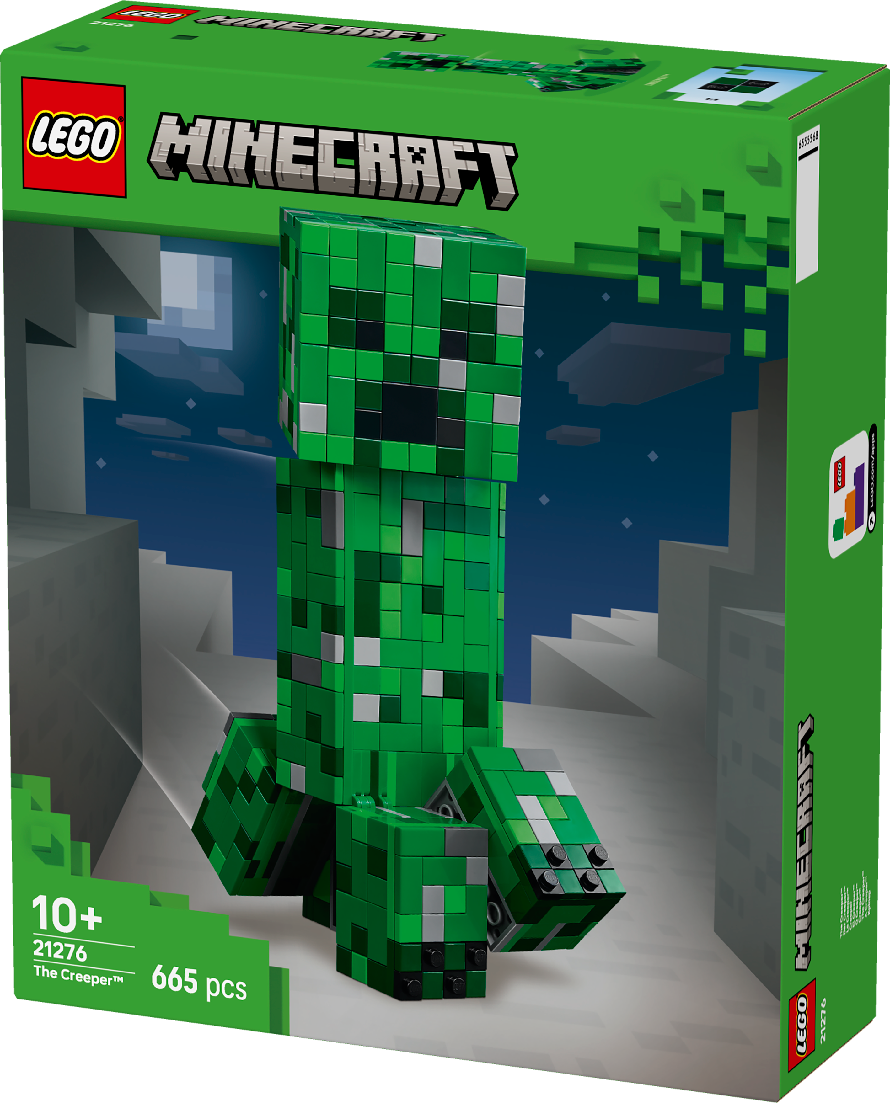 A Lego Minecraft set box featuring a green Creeper figure. The box shows the Creeper against a pixelated background.