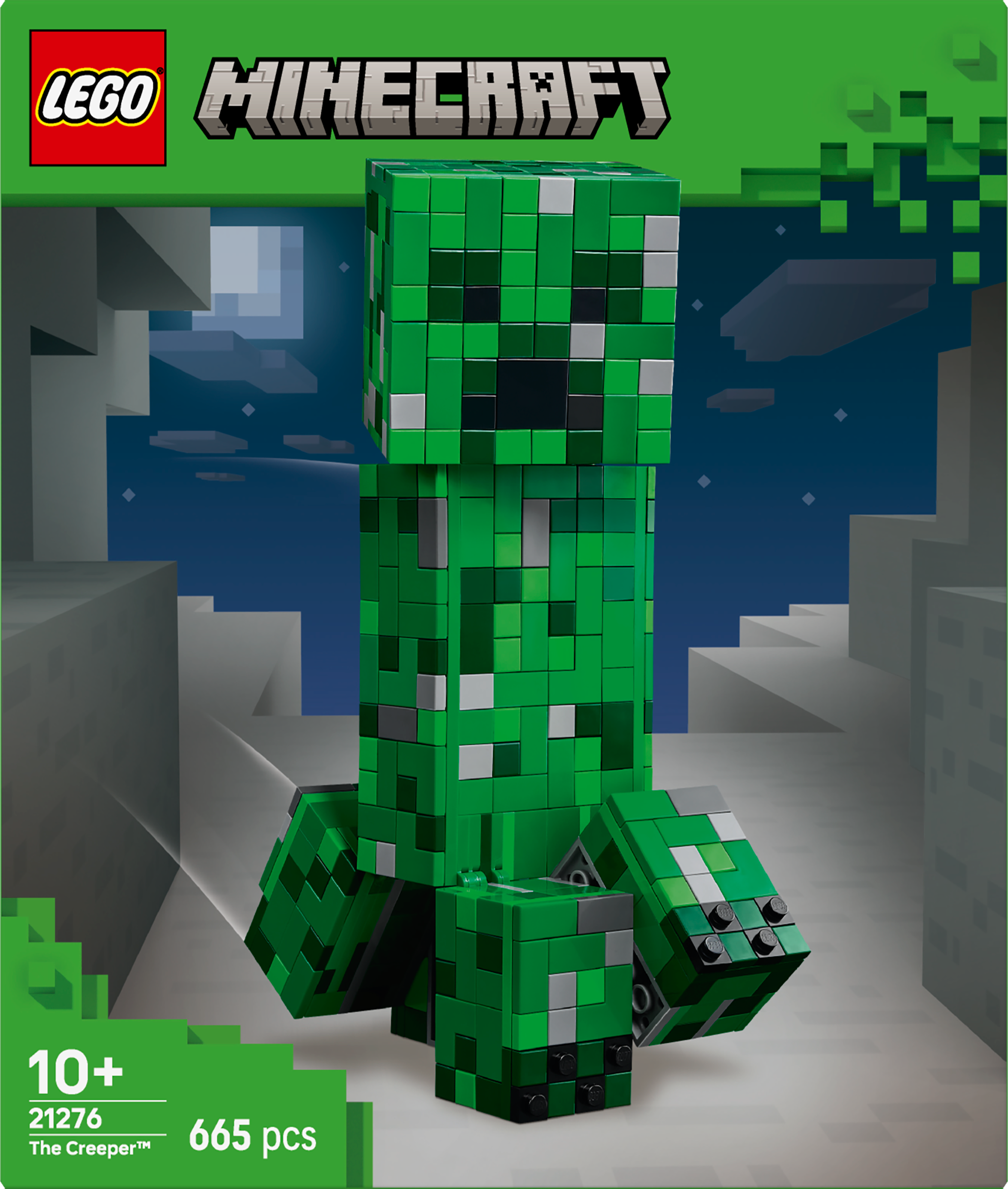 A Lego Minecraft Creeper. Green block figure with black eyes. Background shows a night scene with clouds and white structures.