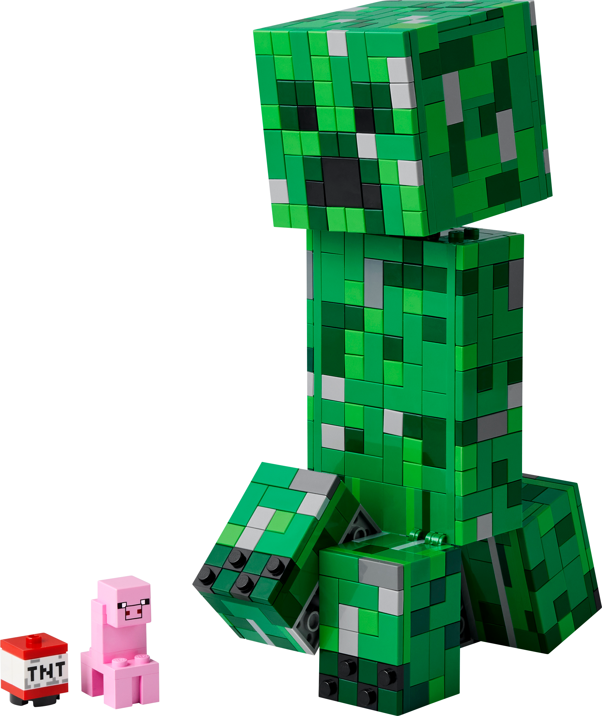 A Minecraft Creeper figure made of green blocks, with a pink pig and a TNT block on black background.