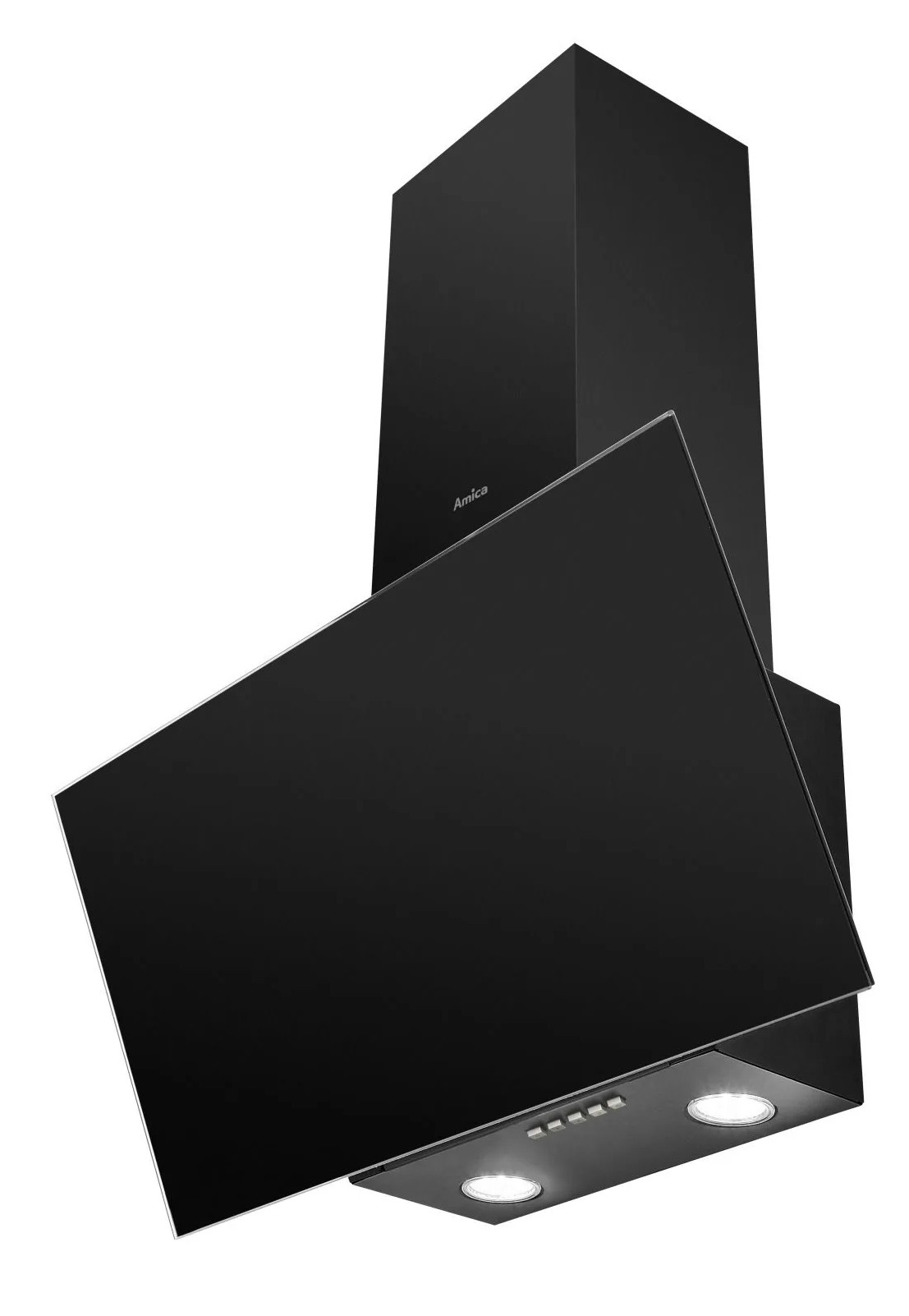 Czarny okap kuchenny marki 'Amica'. Ma prostokątny kształt z światłami i przyciskami sterowania.