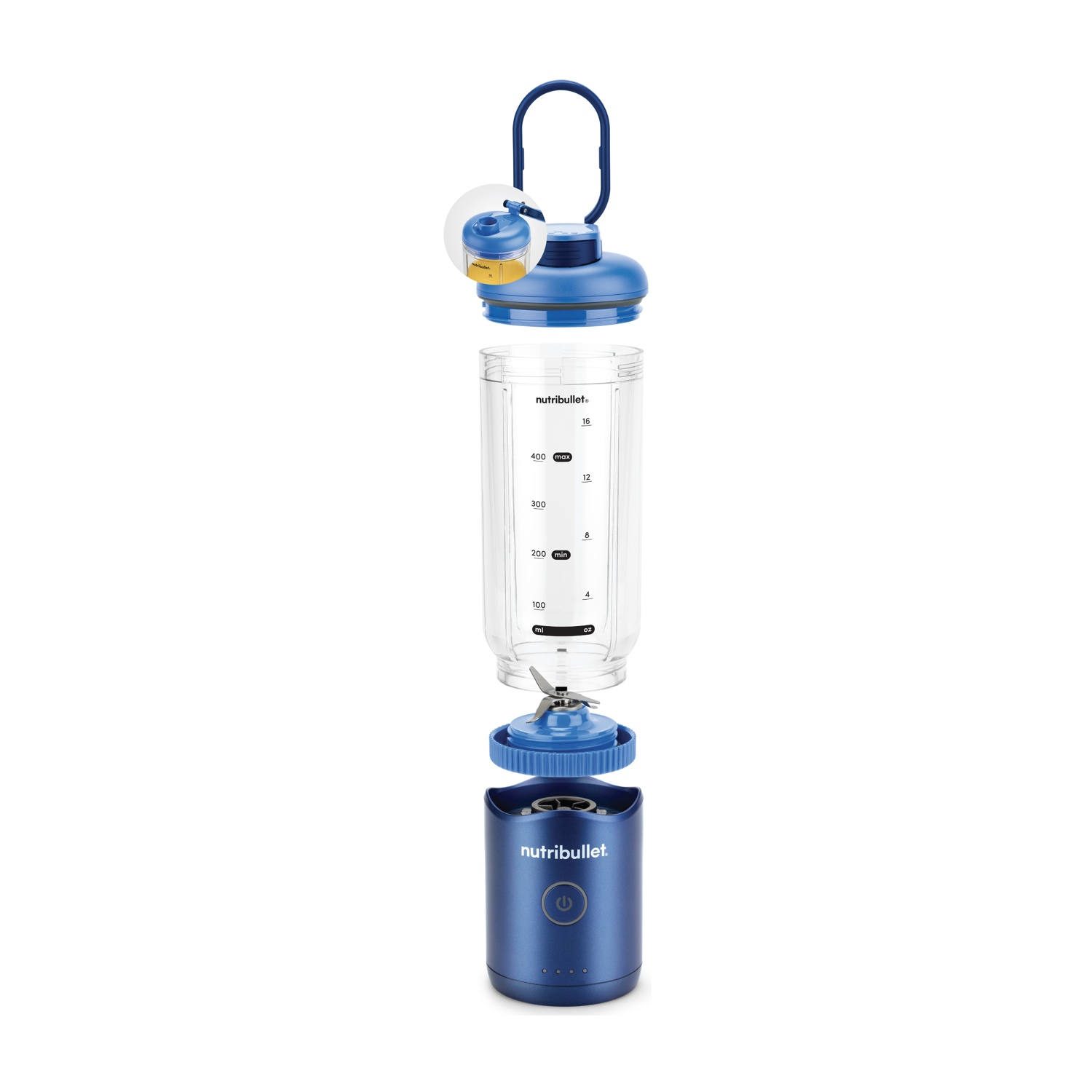 Vista esplosa di un frullatore NutriBullet blu e trasparente. Componenti: base, lama, contenitore, coperchio e manico.