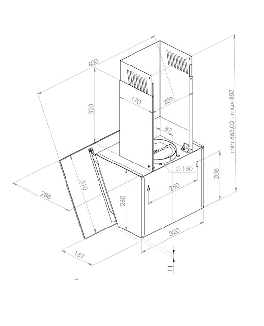 Rysunek izometryczny okapu z wymiarami w milimetrach. Okap jest biały z różnymi adnotacjami liczbowymi.