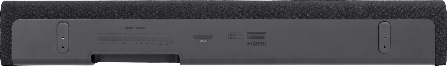 Egy fekete Harman Kardon soundbar. Sötétszürke előlapja és sötétebb, texturált anyaggal borított teteje van.