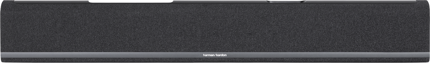 Sötétszürke soundbar Harman Kardon logóval. Szövet előlappal és modern dizájnnal, vékony ezüst szegéllyel.