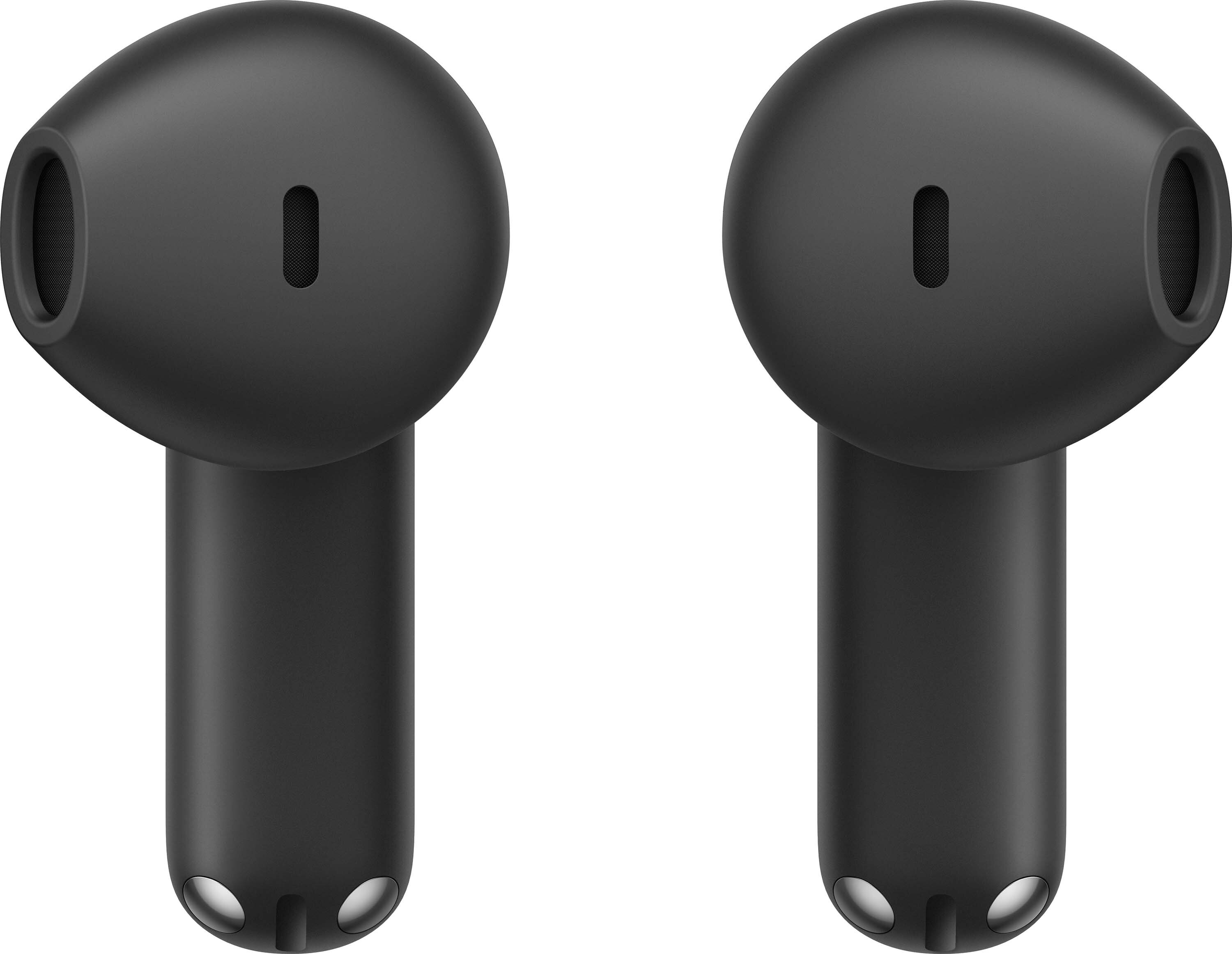 Dwa czarne słuchawki. Każdy ma zaokrągloną górę i trzonek. Białe tło.